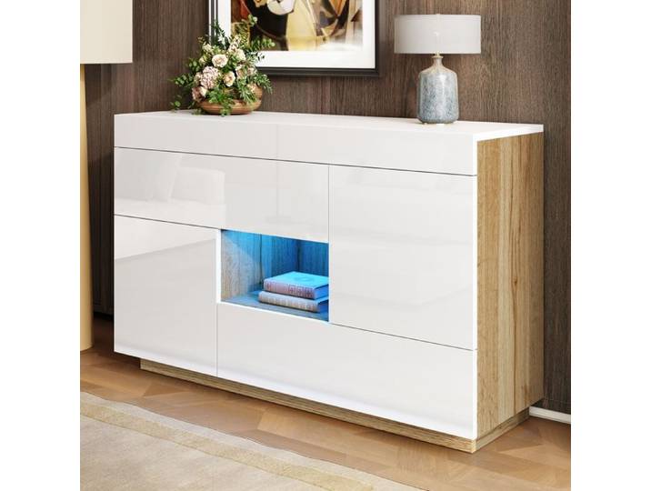 Buffet deux portes deux tiroirs avec éclairage LED à couleur changeante armoire de rangement brillante vitrine 120x37x76 5 cm