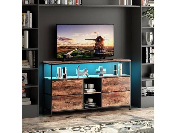 BestAlice Meuble TV Vintage avec Éclairage LED Casier avec 4 Tiroirs Cadre en Fer 108cm Marron