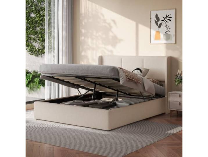 Bellemave Polsterbett 160x200cm,Hydraulik Stauraumbett,Stoffbezug,Beige Doppelbett,mit Lattenrost,Gepolstertes Kopfteil,großer Stauraum,geräuschlos,Stoßschutz,nordisches Design