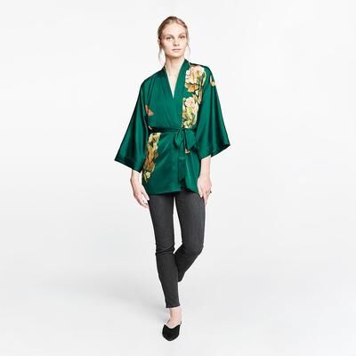 KIM + ONO Peony & Butterfly Kimono Jacket - Short   KIM+ONO - emerald / one size