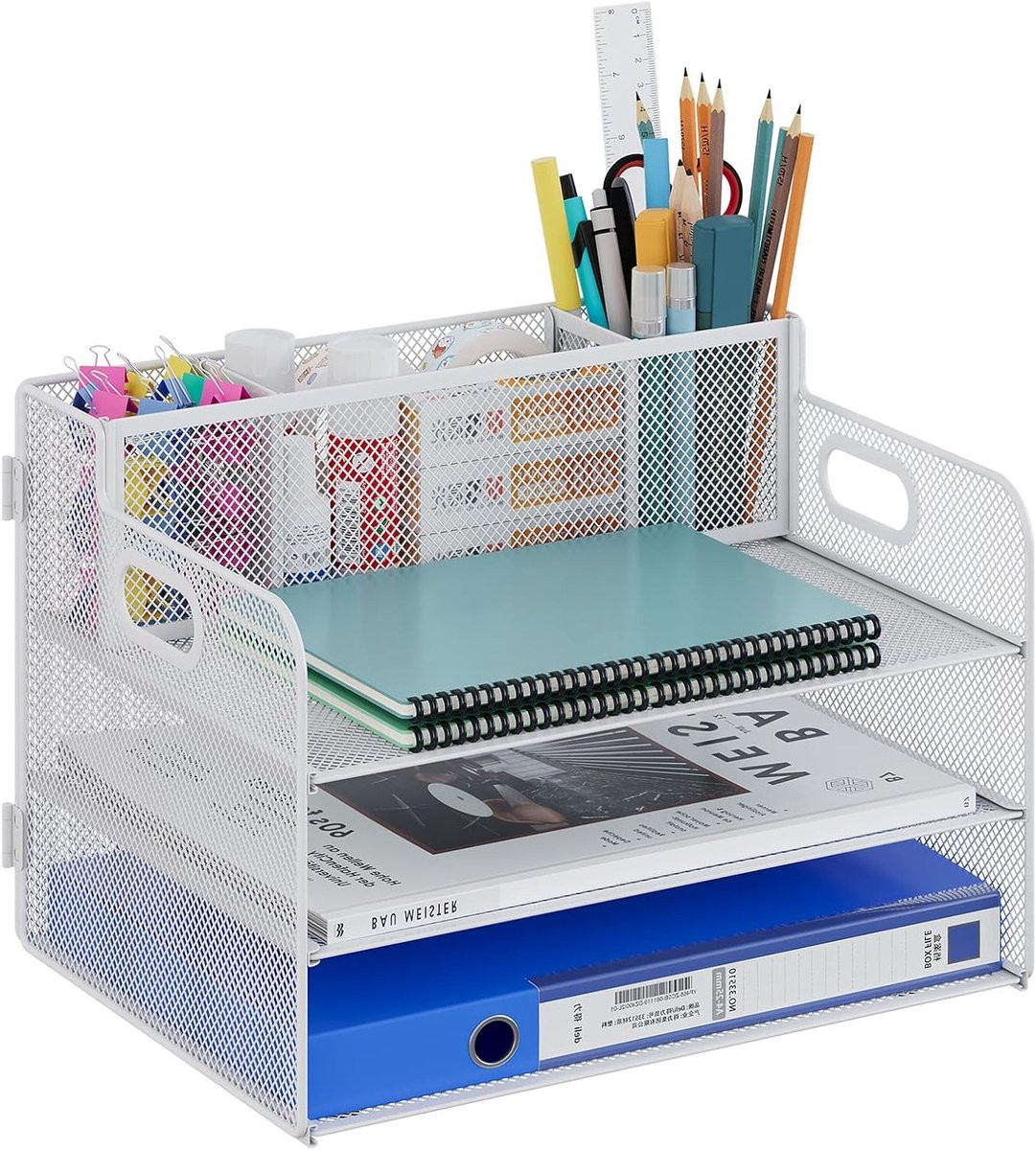 Wit Desk Shelf A4 met 3 compartimenten - Metalen desk organizer en briefbak voor thuis en school
