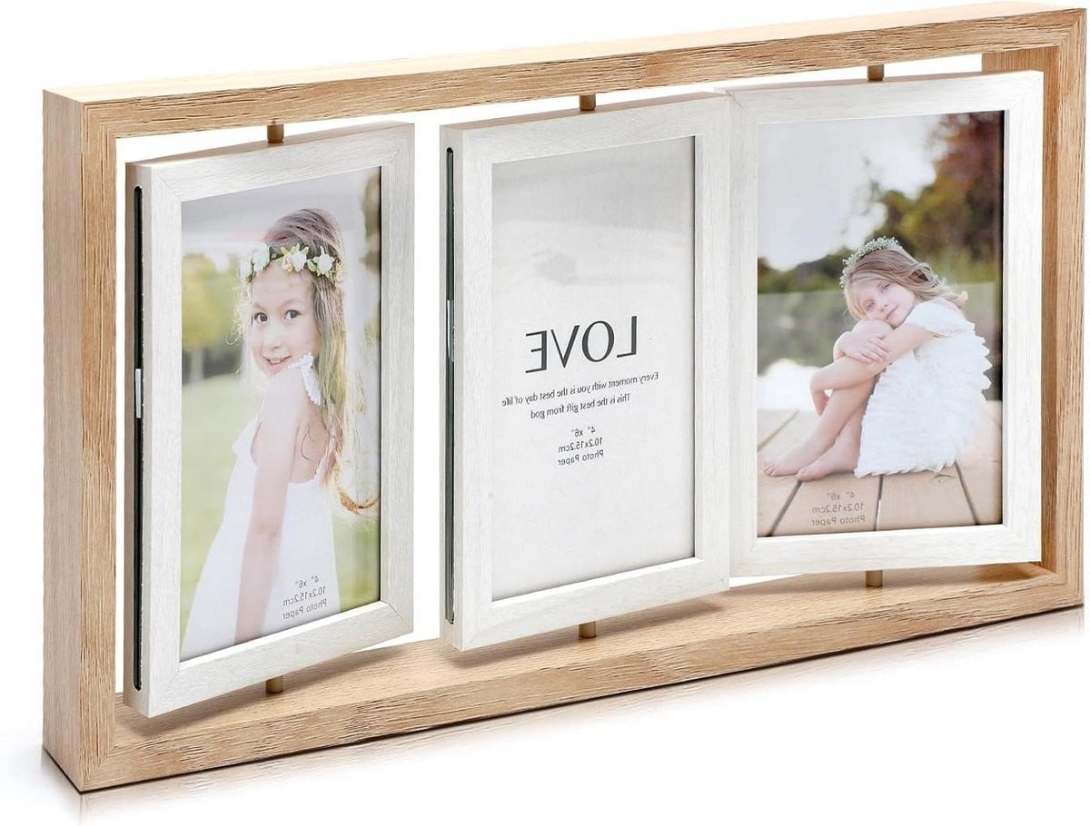 Drievoudige houten fotolijst collage met draaibare lijsten, Houtkleur, 40.3 x 21 cm