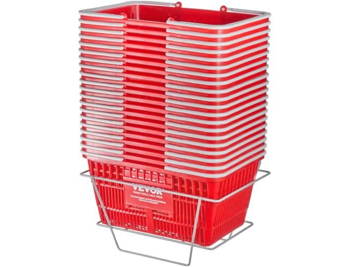 VEVOR Panier de courses\, lot de 20\, panier à provision en plastique durable 21 L avec poignée grise et support\, 420x300x210 mm\, panier d'achat pour magasins de détail\, supermarchés\, courses\, rouge