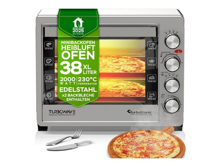 TurboTronic by Z-Line Minibackofen 2000 W 45 l Mini Backofen mit Umluft Drehspieß Grill und Pizzaofen, Silber, Tischbackofen, Ober- und Unterhitze, Timer, Innenbeleuchtung