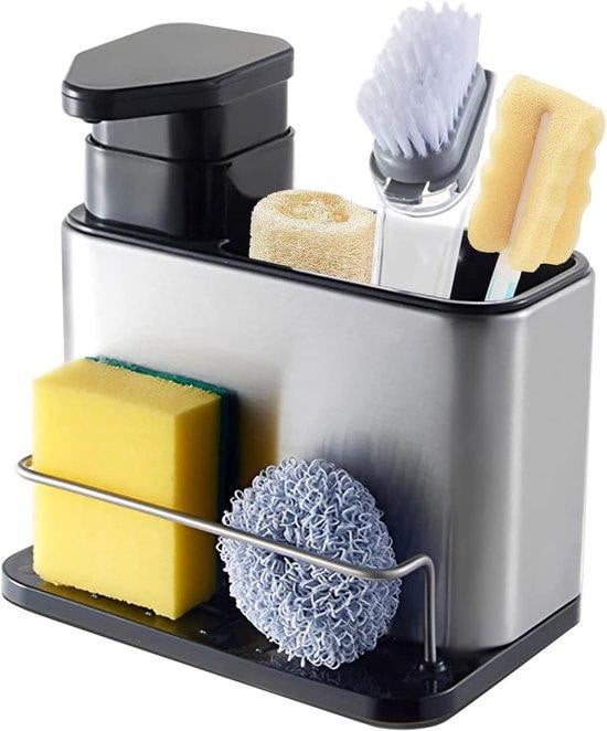 3-in-1 Spoelbak-organizer met afwasmiddeldispenser en sponshouder in roestvrij staal en zwart
