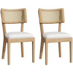 ESSZIMMERSTÜHLE 2er-Set aus Massivholz & Rattan Leinen-Polster in Naturfarben