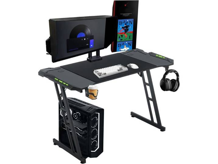 Bureau gaming - AUFUN - Type B - 160x60 cm - LED RGB télécommande - Porte-gobelet & crochet casque