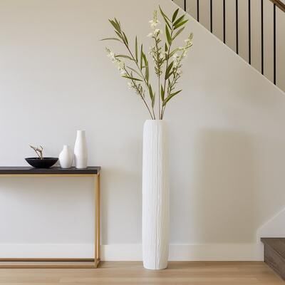 Sagebrook Home Decorative Vase - White Ceramic Modern Rough Cylinder Floor, 32 in.