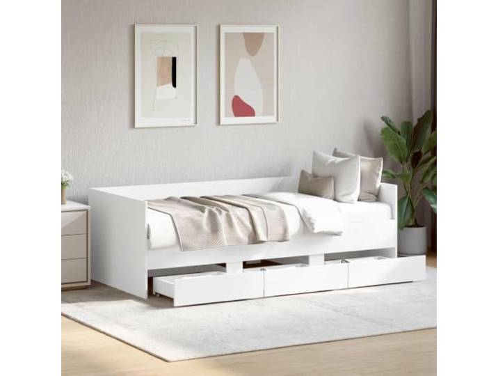RJPLMFV Tagesbett, Weiß, mit Aufbewahrungsschubladen, Holz aus Technik Rahmen mit festen Latten, Kopfteil Design, leicht zu reinigen, für modernes Schlafzimmer