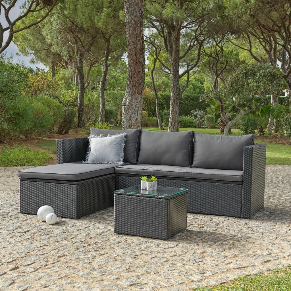 Ambia Garden Loungegarnitur , Schwarz, Dunkelgrau , Metall, Kunststoff, Glas, Textil , Füllung: Komfortschaum,Komfortschaum , Gartenmöbel, Loungemöbel, Gartenlounge-Sets