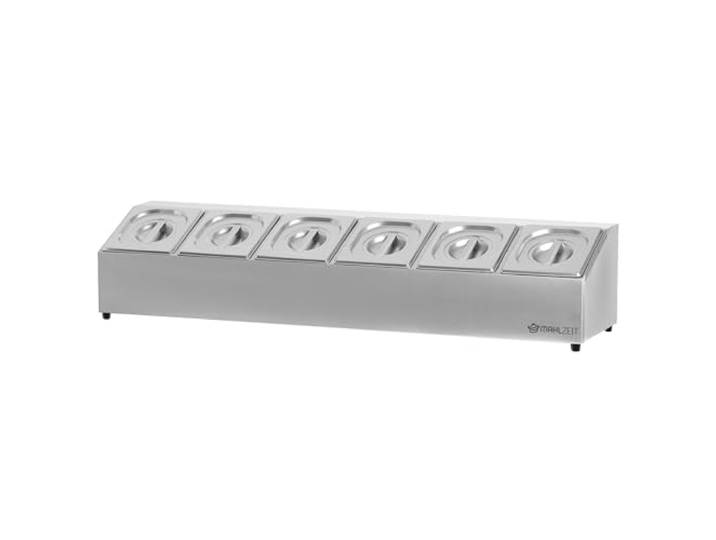 Mahlzeit Edelstahl Zutatenbehälter 6 x 1/6 GN Catering Behälter mit Gummifüßen 102,5 x 24,5 x 21,5 cm Cocktail Zutatenbehälter Bar für Gastro, Küche, Pizza Station, Buffet Zubehör, Salatbar