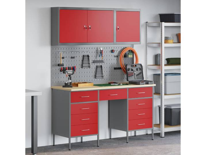 vidaXL Werkbank 8 Stk. Rot und Grau Ingenieure Holz und Stahl