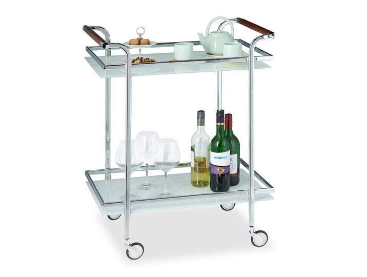 Relaxdays Servierwagen Silber Milchglas 2 Ebenen, Silberfarben, Metall, Glas, 66x85x43 cm, Esszimmer, Servierwagen