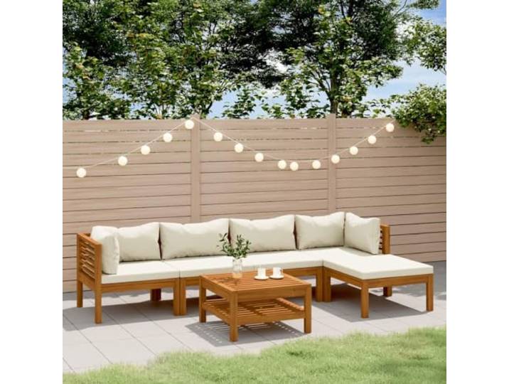 Résine tressée imperméable ensemble de jardin rotin Crème 59.8 Salon de jardin 6 pcs avec coussin crème Bois d'acacia solide, Ensemble meubles exterieur modulaire Table Canape et Pouf pour