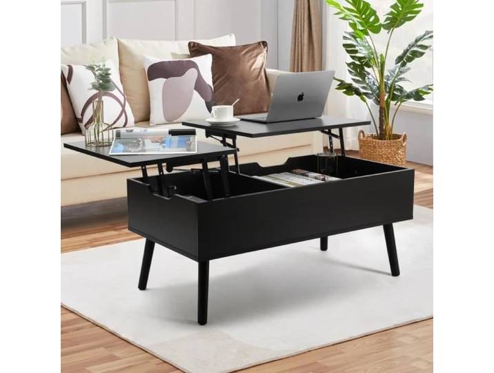 Table Basse - VOWNER - Table Basse Réglable en Hauteur - Double Plateau Relevable - Table de Canapé de Salon - Noyer Noir