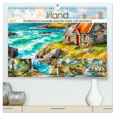 Irland. Künstlerische Aquarelle zwischen Küste und Hochland (hochwertiger Premium Wandkalender 2027 DIN A2 quer), Kunstdruck in Hochglanz