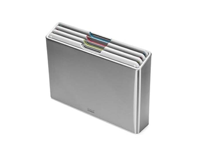 Joseph Joseph Folio 4-teiliges schneidebrett kunststoff Set mit Edelstahl Ständer, Dünn Design, Lichtstein