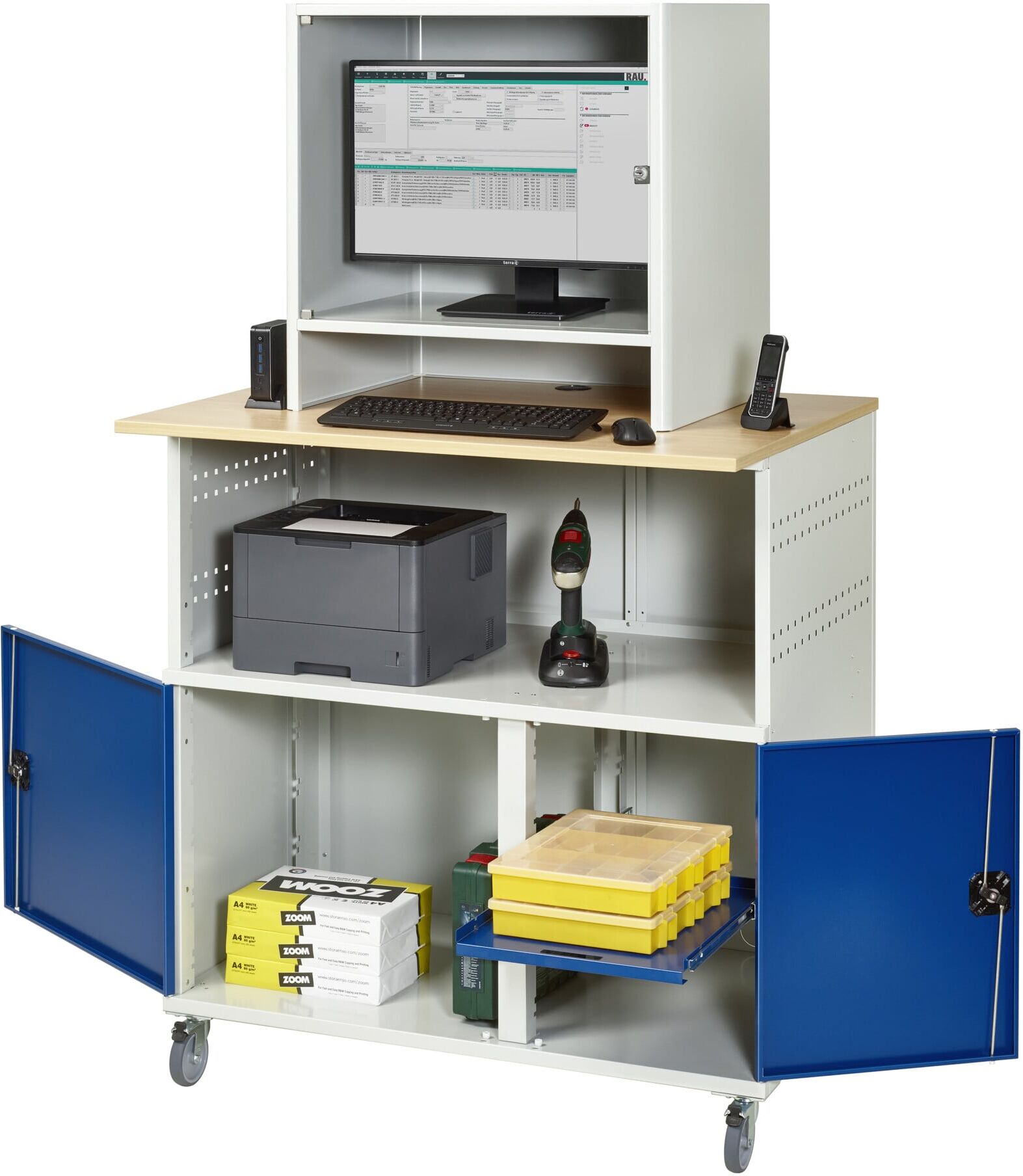 Rau Computer-Tisch 1023 mit Monitorgehäuse T550mm, B1100xT790xH1890mm, mobil (07-1023M5F.11)
