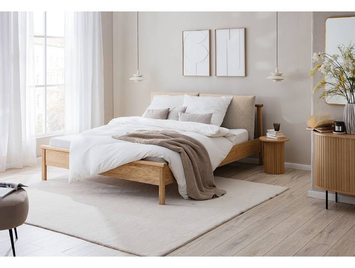 Massivholzbett LAROO 180 x 200cm Webstoff Braun/Cremeweiß Wildeiche