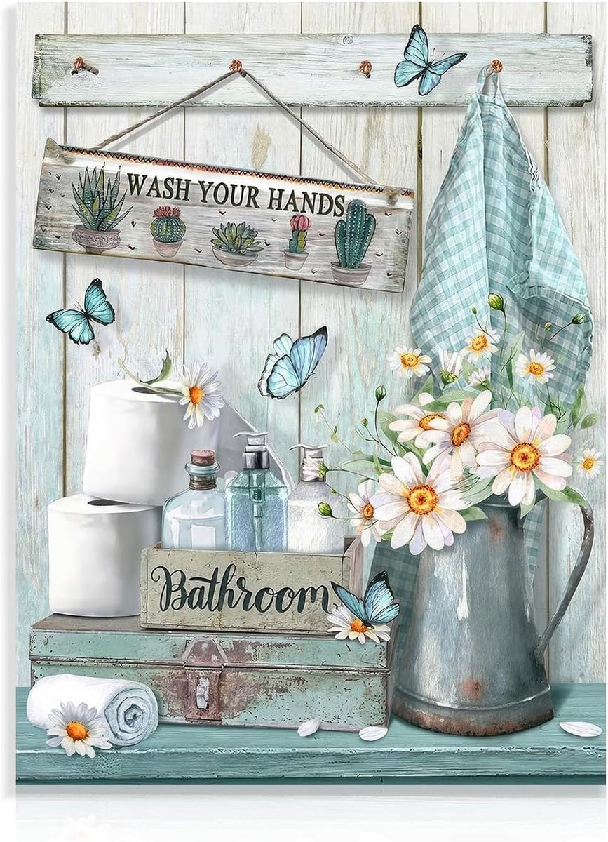 SnelShoppen Wanddecoratie Badkamer - Rustieke Teal Bloem en Vlinder Posters - Wash Your Hands Canvas Art - 30,5 x 40,6 cm