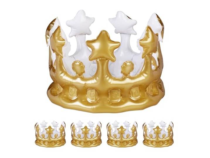 Relaxdays opblaasbare kroon, set van 5, verkleedaccessoire carnaval, prinses, koning, verjaardag, opblaaskroon, goud