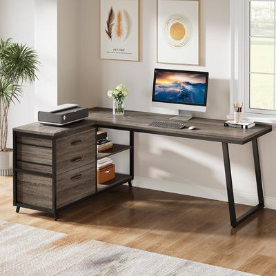 YUZHOU 53 Inch Reversible L Shaped Computer Desk, Corner Home Office Desk with 3 Drawers & Open Shelves