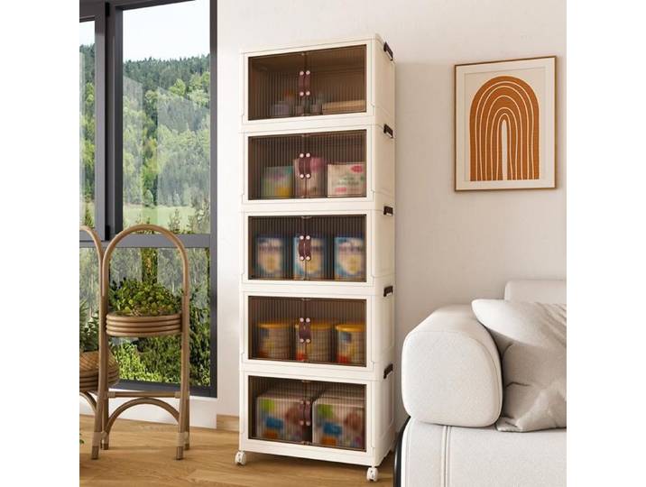 Armoire de Rangement Pliable - 156 x 53 x 30 cm - Meuble de Rangement 5 Niveaux en PP avec Portes Magnétiques - Blanc et Marron