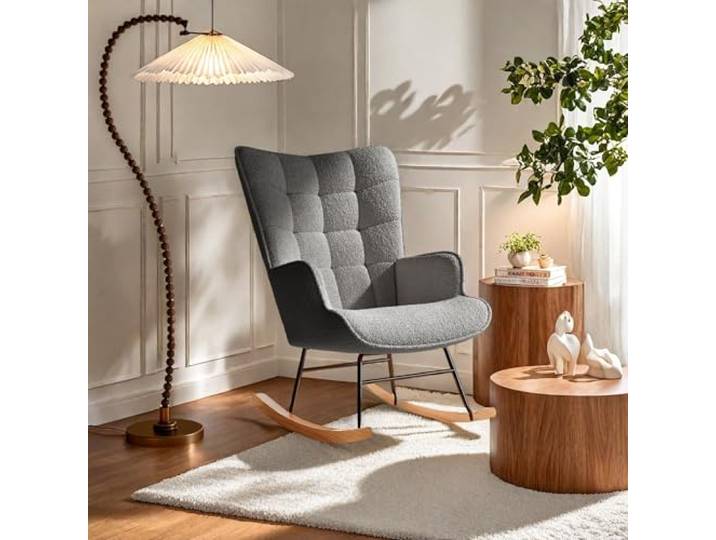FEEOHOME Schaukelstuhl, Schaukelstuhl, Stillsessel, Schaukelstuhl, Stillstuhl, Samt, für Schlafzimmer und Wohnzimmer, Karierte Rückenlehne