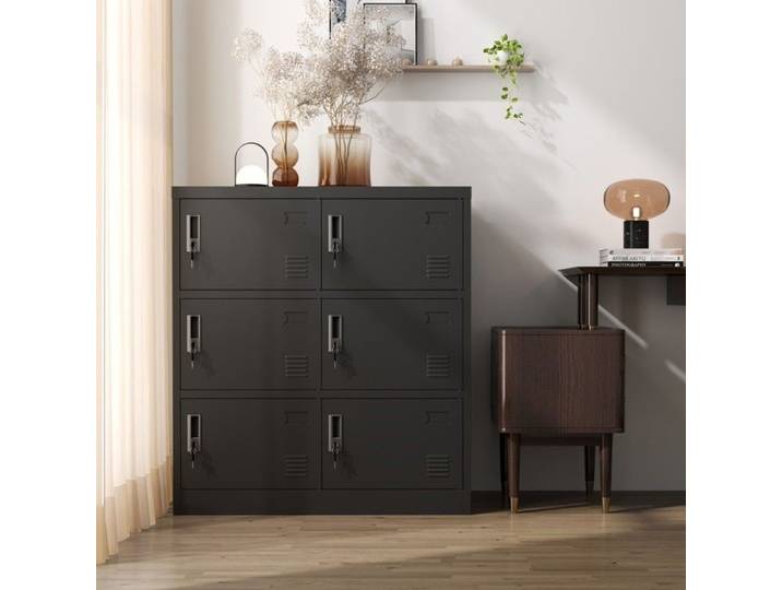 Armoire Bureau Métallique Noire 90x40x100-6Portes Sécurisées-Fente Cartes-Rangement Maison/Sport/École-Pratique-Fonctionnel-Durable