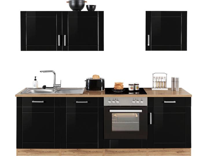 Küchenzeile KOCHSTATION KS-Tinnum , schwarz (küche: schwarz, korpus: wotaneichefarben, arbeitsplatte: wotaneichefarben), B:240cm T:60cm, Komplettküchen-Sets, Küchenzeile, ohne E-Geräte, Breite 240 cm