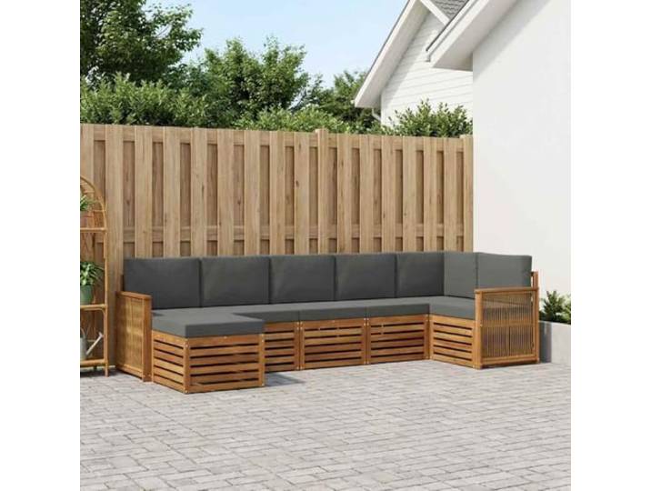 HFMDRMU Gartenmöbelset aus massivem Akazienholz Natur mit 6-teiligem Ecksofa und anthrazitfarbenen Kissen für Terrasse