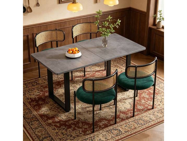 Ensemble Table Salle à Manger avec 4 Chaises en Velours Table Rectangulaire Robuste Chaise de Loisirs en Rotin Gris + Vert + Noir