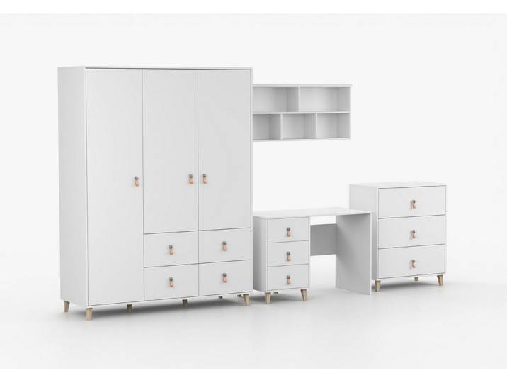möbel-direkt.de Jugendzimmer-Set Svala in Weiß mit Lederschlaufen als Griffe, (Komplett Set, 4-tlg., verschiedene Zusammenstellungen wählbar), Lederschlaufen als Griffe, massive Füße