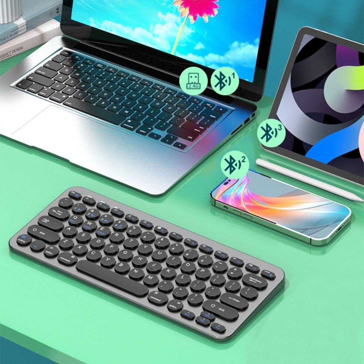 INF Dual-Modus Wireless Tastatur – 78 Tasten Scherenmechanik, Wiederaufladbar, Low-Power Bluetooth, Multi-Device Pairing Pistolenschwarz
