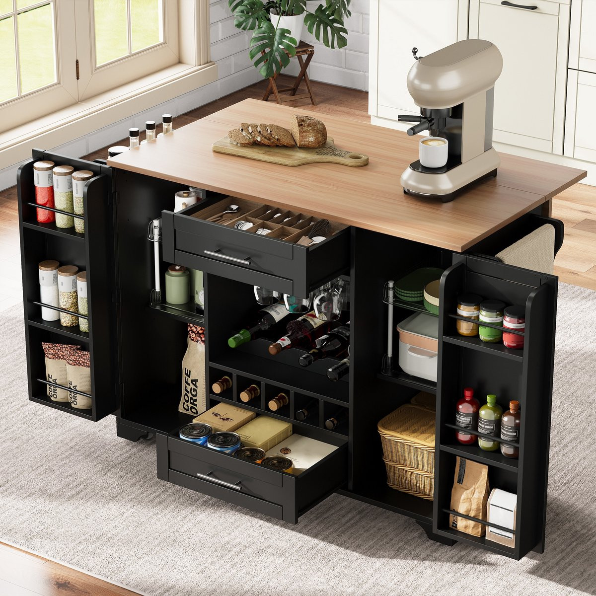 Sweiko Keukenkast Dressoir met Wijnrek en Bekerhouder, Zwart