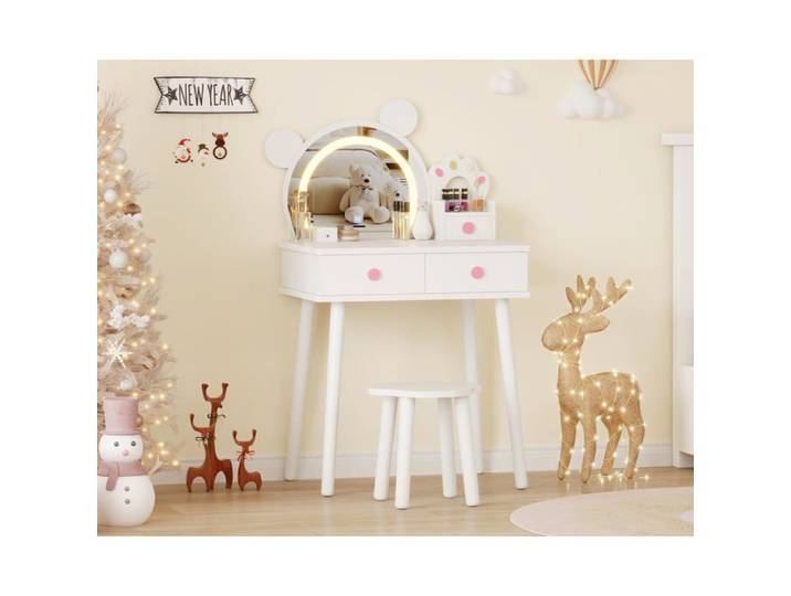 Coiffeuse princesse enfant miroir ours lumineux tabouret tiroirs bois blanche noire
