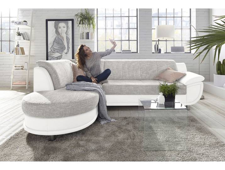 Ecksofa, Weiß & Cappuccino, 265x190 cm, Kunstleder SOFTLUX, Mit Federkern & Bettfunktion, Klassisch