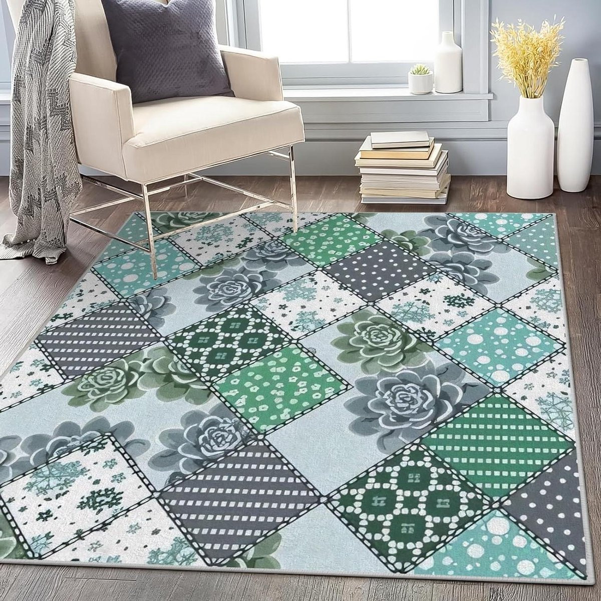 Groen Patchwork Geruit Vloerkleed met Bloemenmotief - 60 x 110 cm