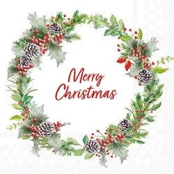 Ambiente 20 Servietten Papier 33x33cm 3-lag. - hochwertige Einweg Papierservietten mit Merry Christmas Motiv - Kranz mit Zapfen & Beeren Weihnachtsservietten