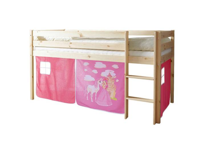 Hochbett, Beige/Pink/Weiß, 90x200 cm, Holz, Vollmassiv, Nur Für Rollroste, MID.YOU
