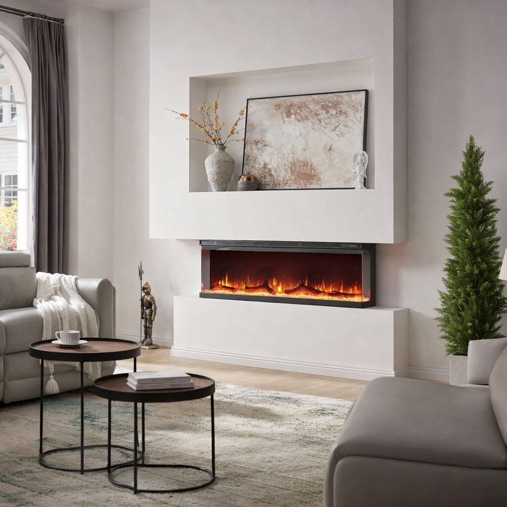 FLAMEKO 3 Sided Media Wall Electric Fire, Leura Black Satin Black 43cm H x 127cm W x 20cm D