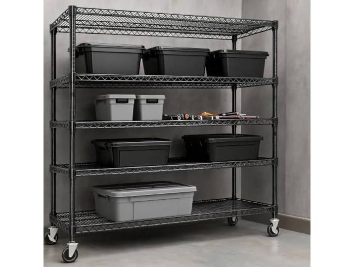 Virimolo Schwerlastregal mit Rollen 4 Ebenen 150x45x182cm Metallregal Mobil 1200kg Tragkraft, 4 verstellbare Ebenen, 150cm breit, mobil mit Bremsen