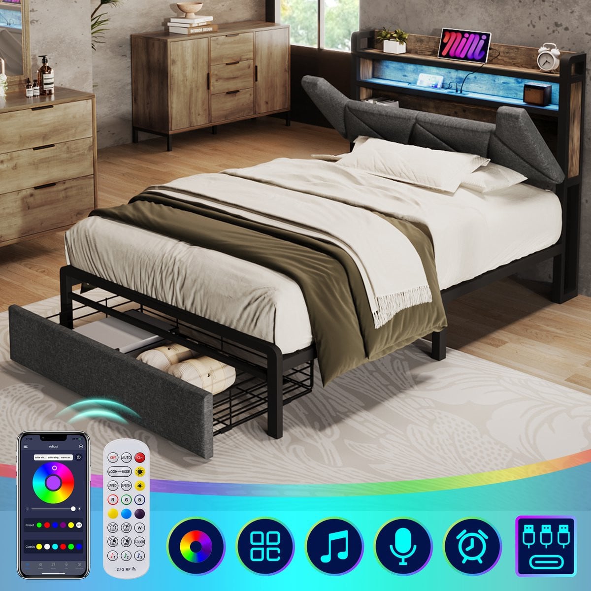 Polster Opbergbed met USB-oplaadpoort en LED-verlichting - Grijs - 90 x 200 cm
