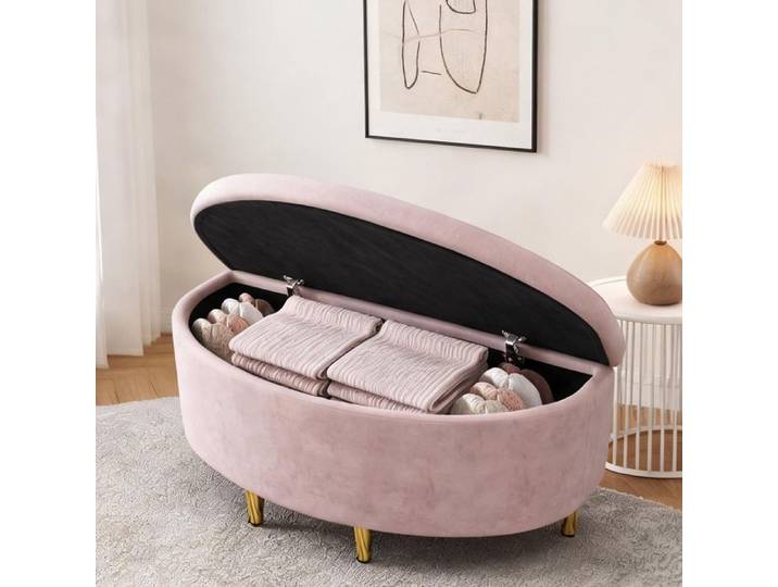 Banquette de rangement 90 cm en velours soft pink avec coffre style européen pour entrée ou chambre