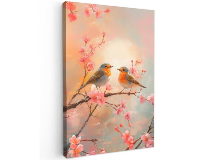 LEINWANDBILD Rotkehlchen - Zierpflanze - Blütenzweig Wanddeko Schlafzimmer 60x90 cm