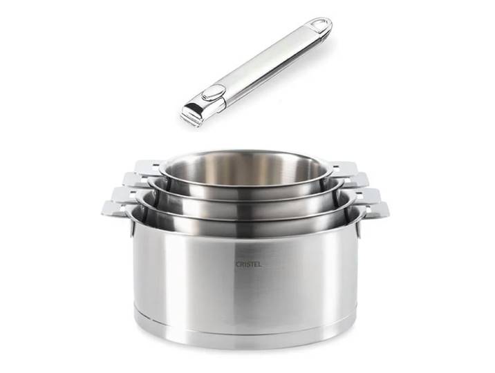 Lot 4 casseroles inox Strate 14, 16, 18 et 20 cm et manche amovible Cristel