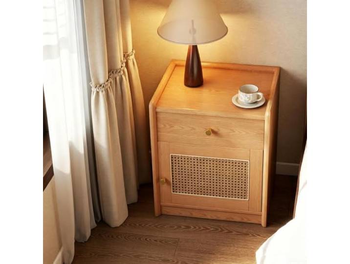 Wrhnkf Rattan-Nachttisch mit verstecktem Safe und Schubladen, Beistelltisch aus Holz mit Stauraum, Boho-Nachttisch fürs Schlafzimmer(Wood)