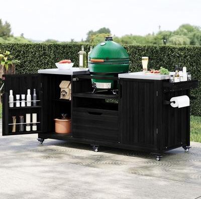 "66.5"" Outdoor Kitchen Island, Solid Wood Grill Cart, Stainless Steel Top Grill Cart"