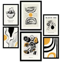 POSTER Set Mit 6 In Schwarzer Tinte Früchte Künstlerische Und Abstrakte Drucke Für Innenarchitektur A3 & A4 Schwarzer Rahmen