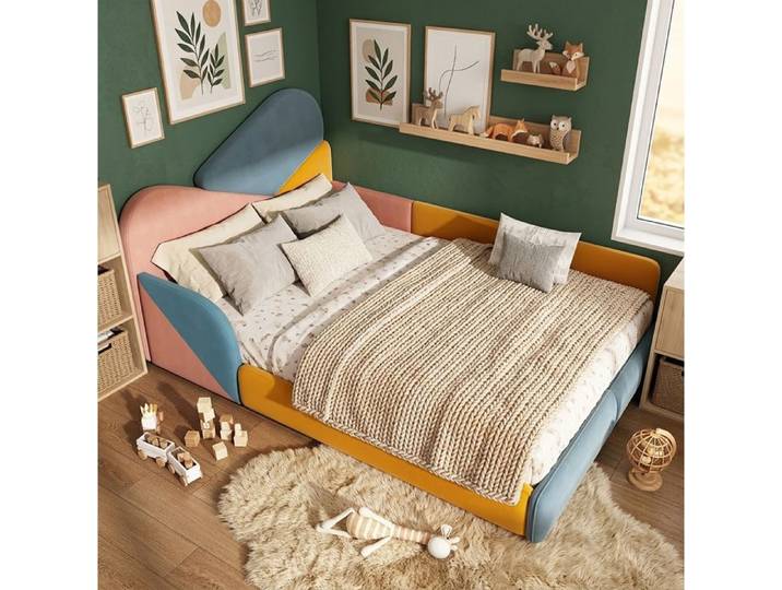 Lit enfant 140x200 cm – patchwork multicolore – tête de lit rembourrée – velours